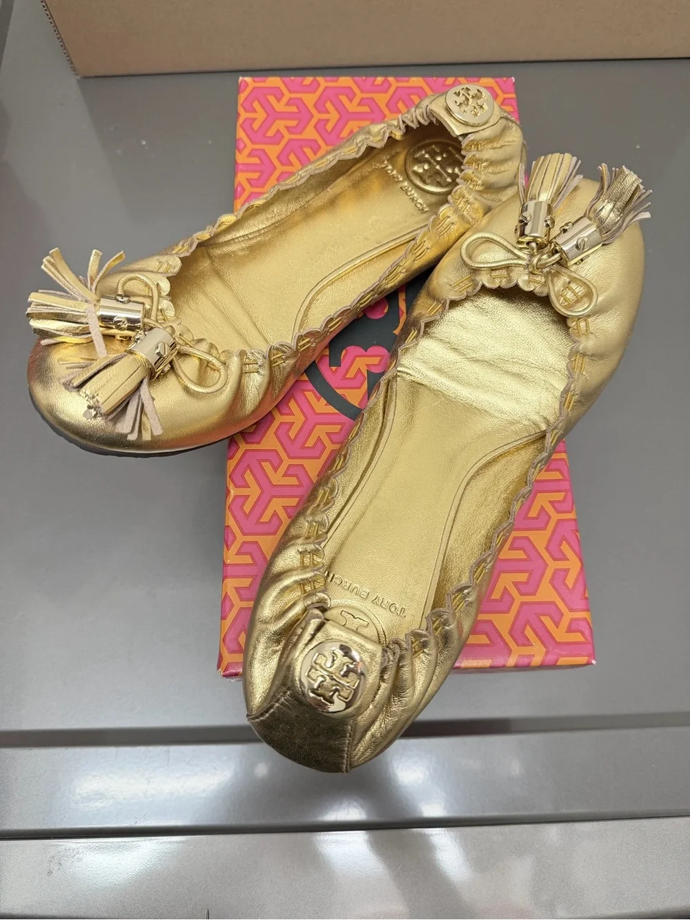 Tory Burch Gold Leather Tassel Ballet Flats